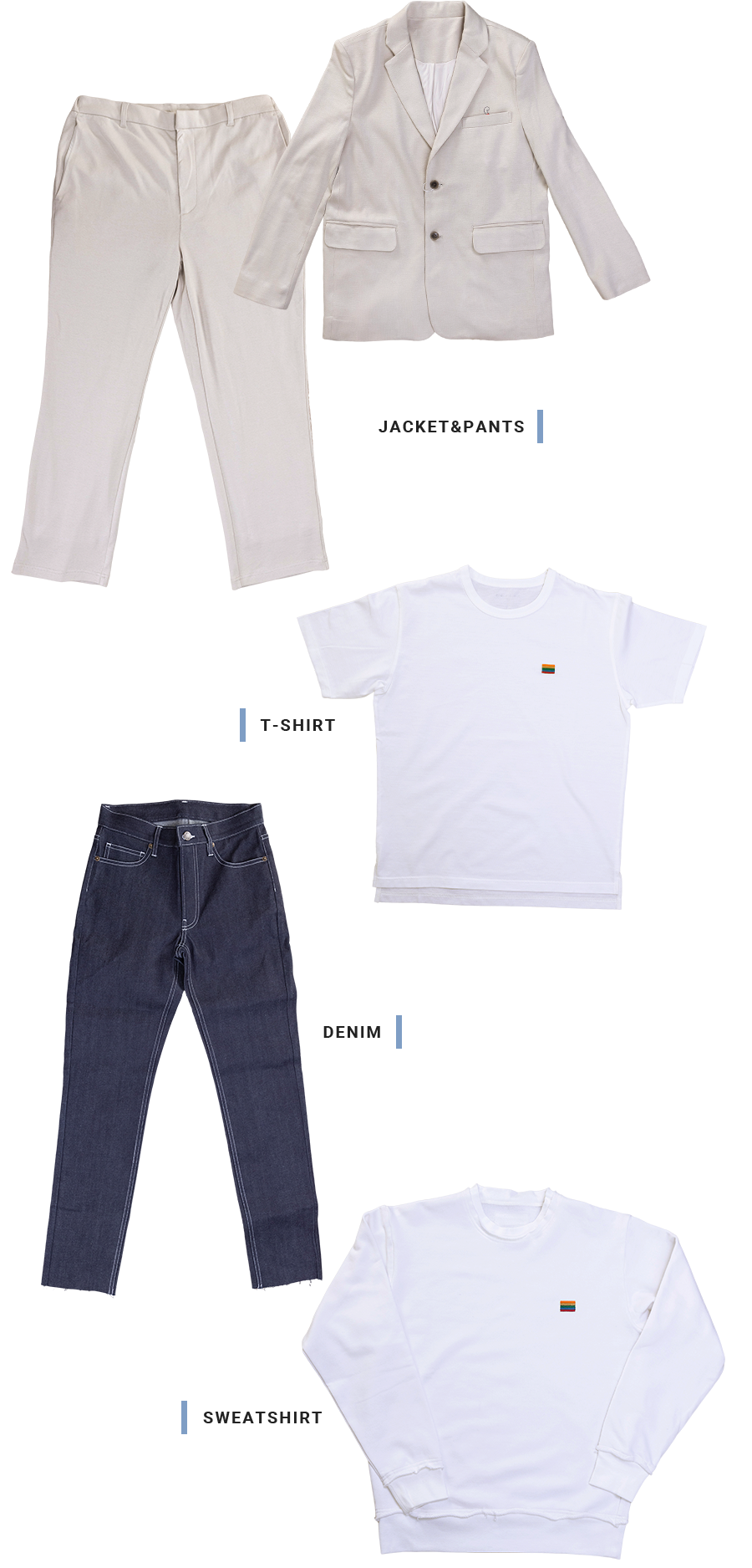 ジャケット&パンツ, Tシャツ, デニム, スウェット